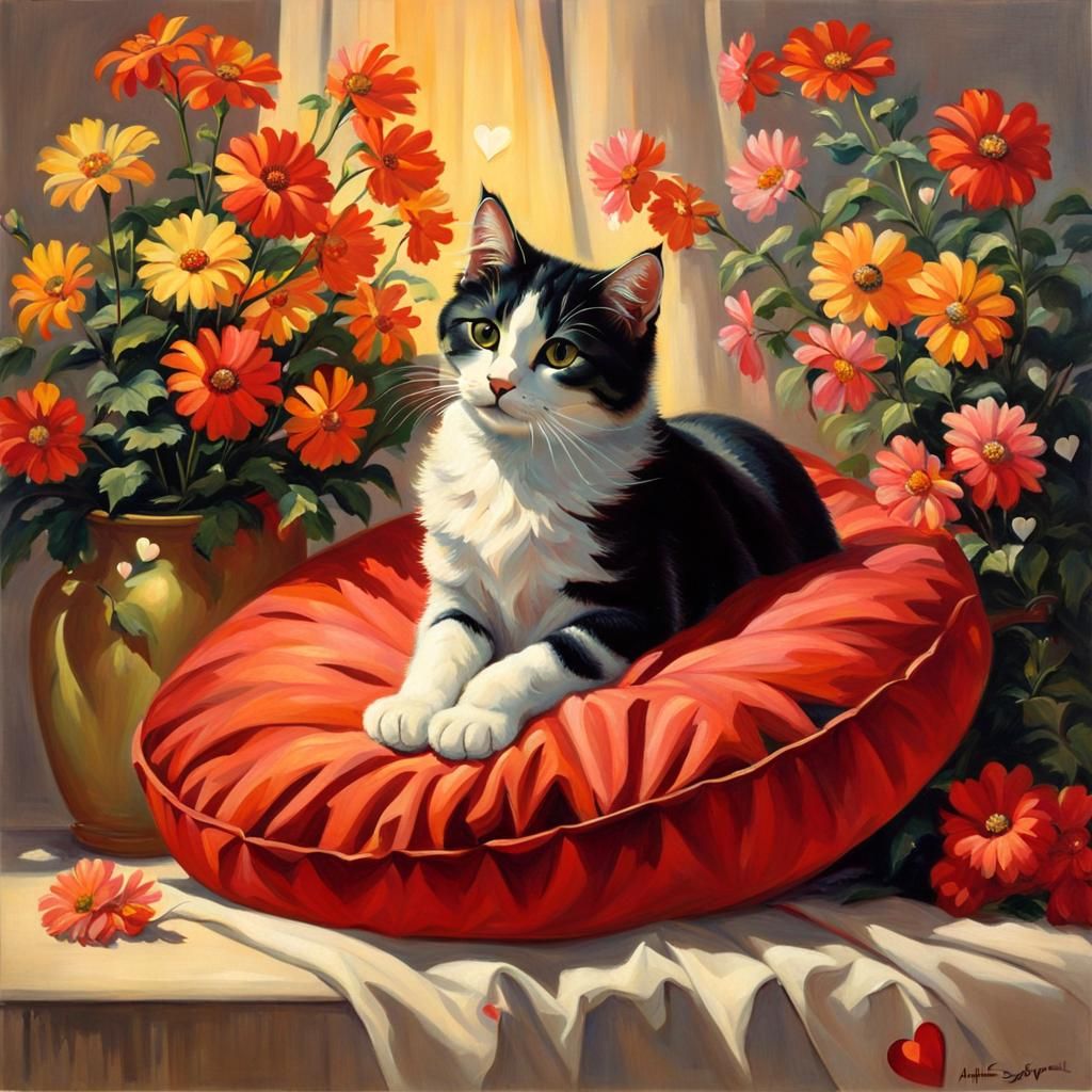 Cute Cat with Flowers in Mid-Century Style
