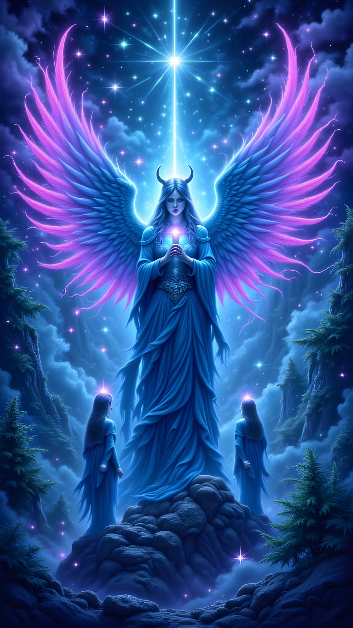 Angel with Trumpet in Futuristic Neon Style