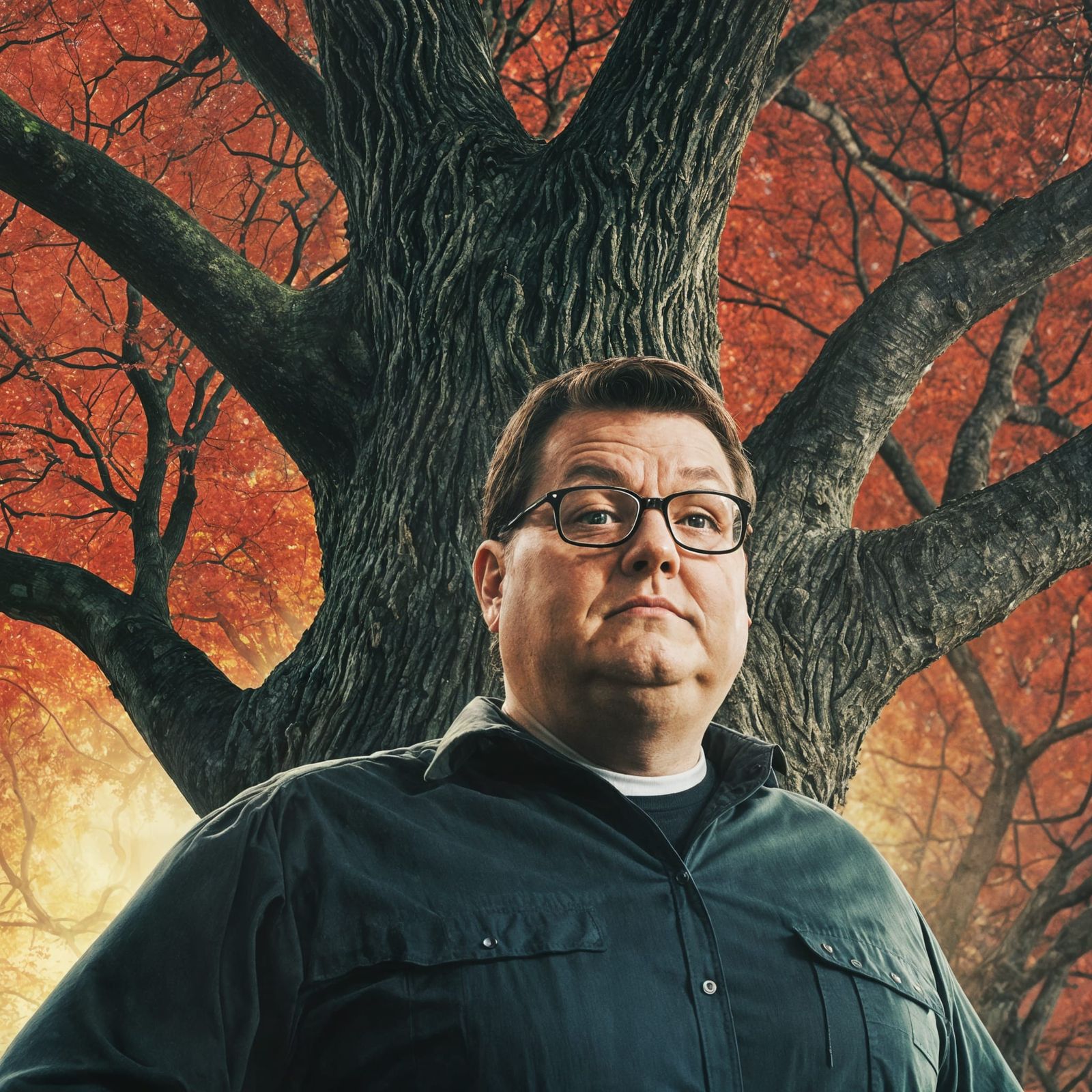 Epic Tree and Self-Portrait in Atmospheric Abandoned Room