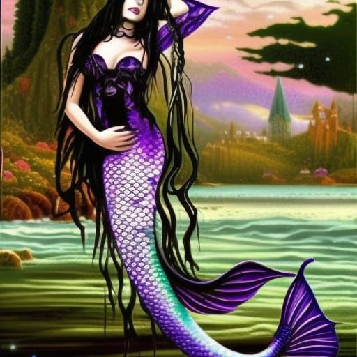 Ethereal gothic mermaid with long black hair& Beautiful purple eyes& black mermaid tail with purple accents& mermaid vib...