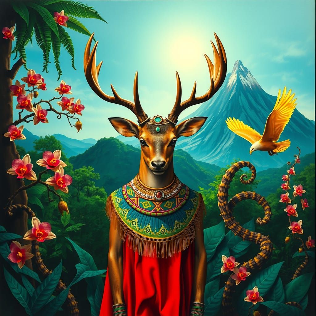 Humanoid stag figure with emerald eyes, antlered crown, and ...