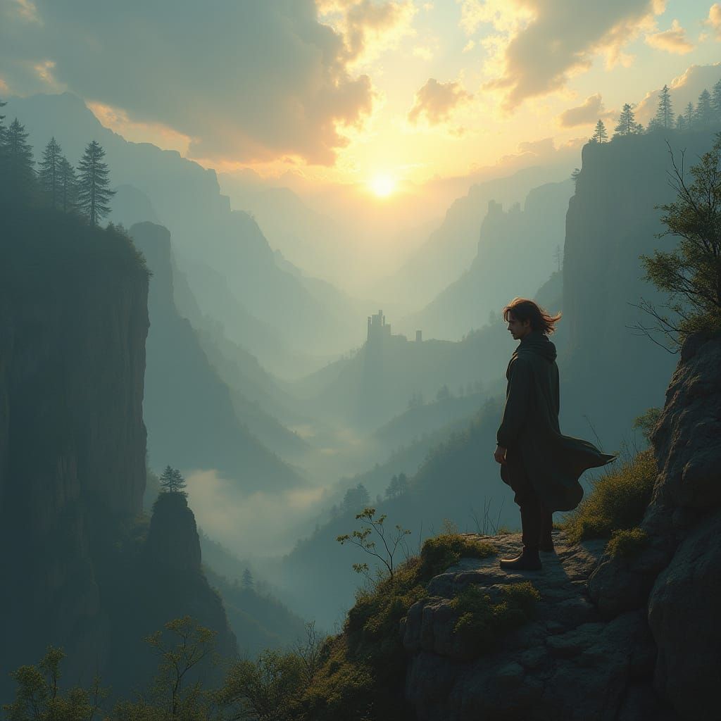 Man on Rugged Cliff Overlooking Misty Valley at Sunset
