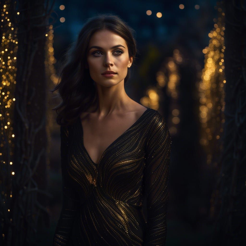 Beautiful Woman in Glittering Dress at Night