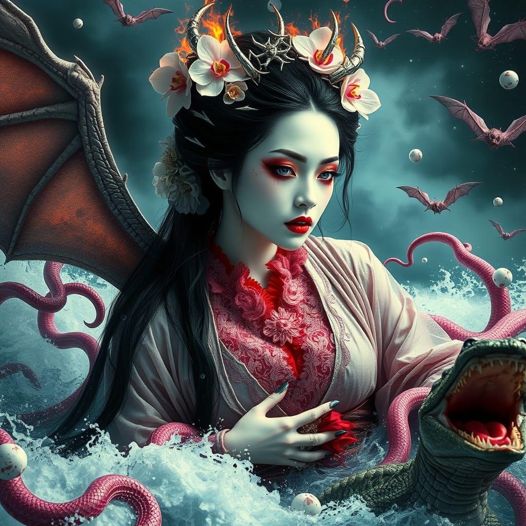 Gothic Vampire Geisha in Cosmic Ocean, Hyper-Realistic