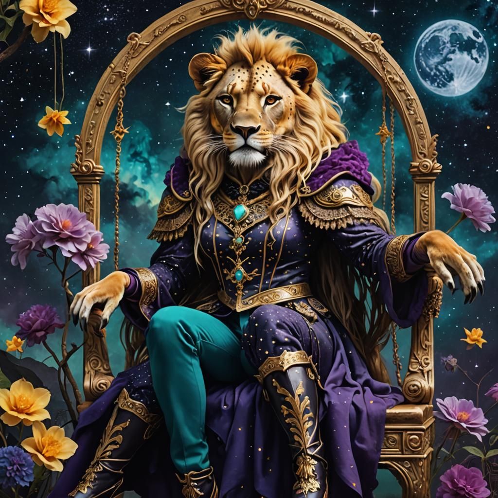 Lion with Gothic Pixies in Ornate Saddles