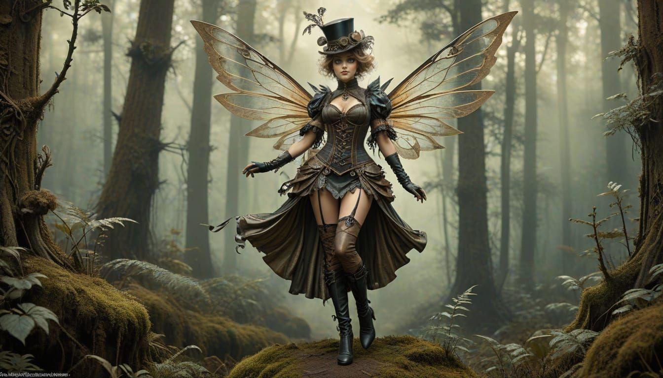 Steampunk Fairy in Forest, Color Print Art