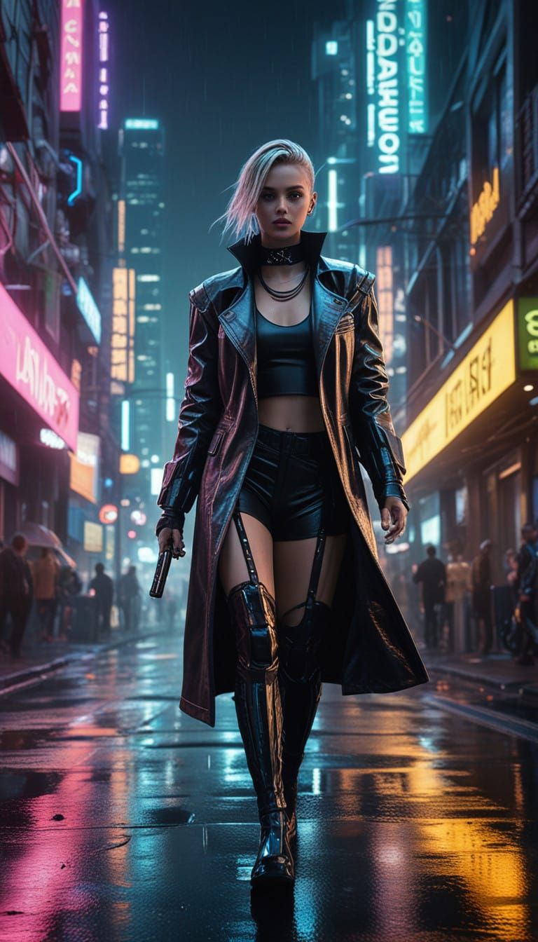 Confident Cyberpunk Goddess in the Neon-Glowing Metropolis