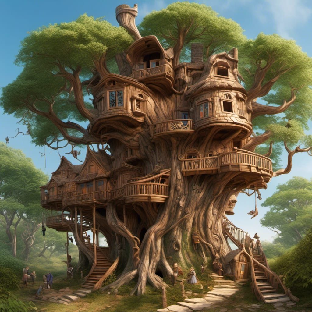 Mythical Treehouse with Carved Legendary Beings