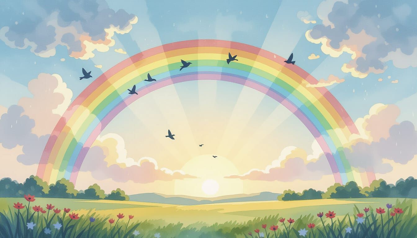 Watercolor Rainbow with Bluebirds in Soft Pastel Tones