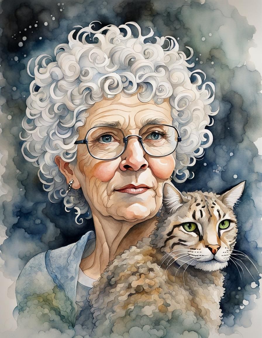 Elderly Woman with Bobcat in Van Gogh Style