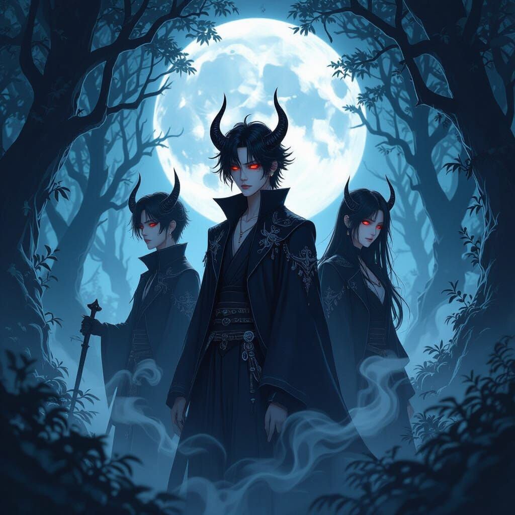 K-Pop Demons in Ethereal Moonlight Forest Anime Style