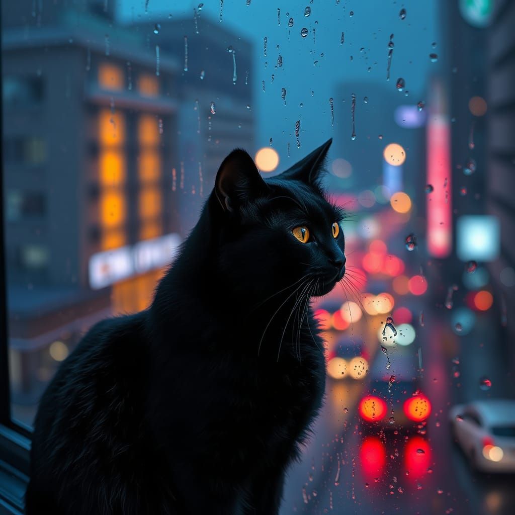Black Cat Gazing at Rainy City Night