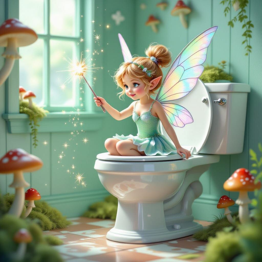 Ethereal Pixie Cleans Toilet with Magic Dust