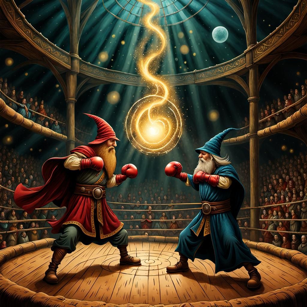 Wizards Boxing in Magical Arena: Digital Oil Illustration