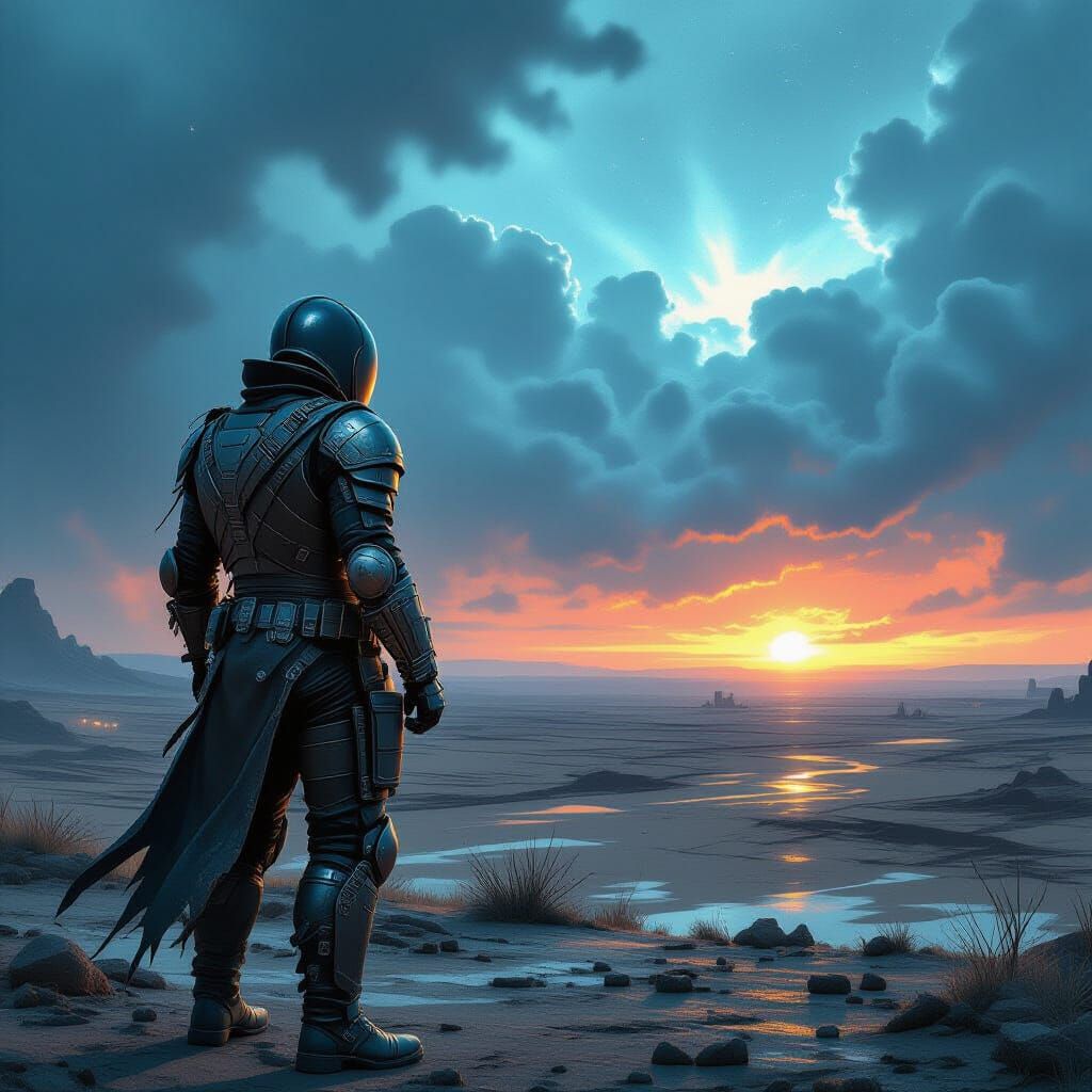 Armored Biker Gazing at Oasis: Post-Apocalyptic Art