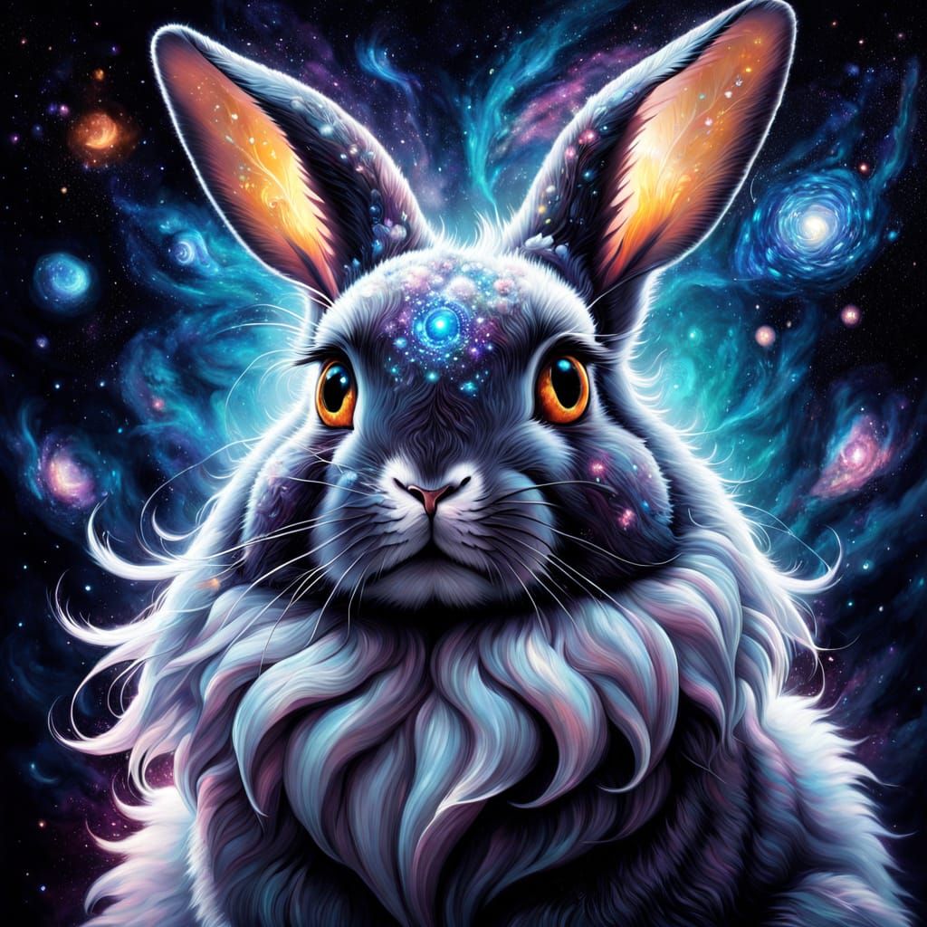 Surreal Rabbit Portrait with Cosmic Fur and Clockwork Eyes