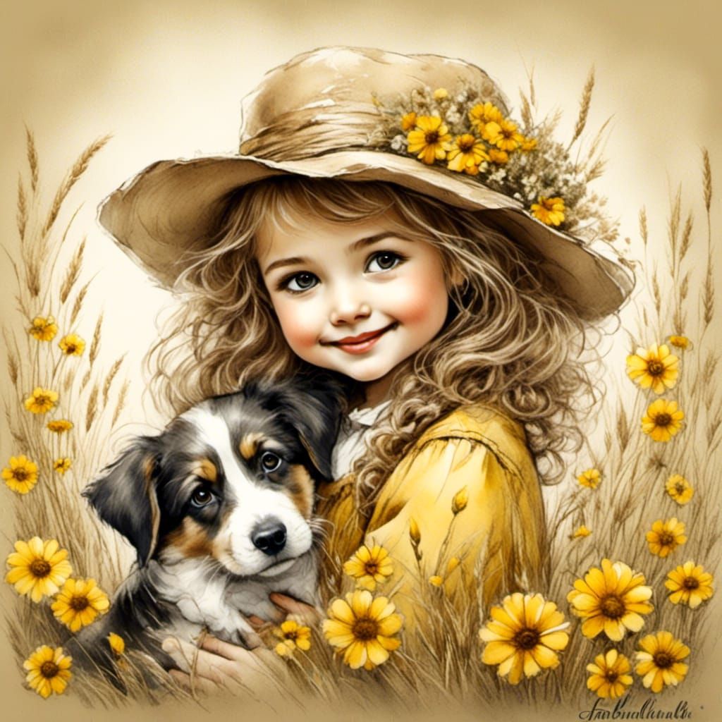 Girl with Dog in Chalk Art Style