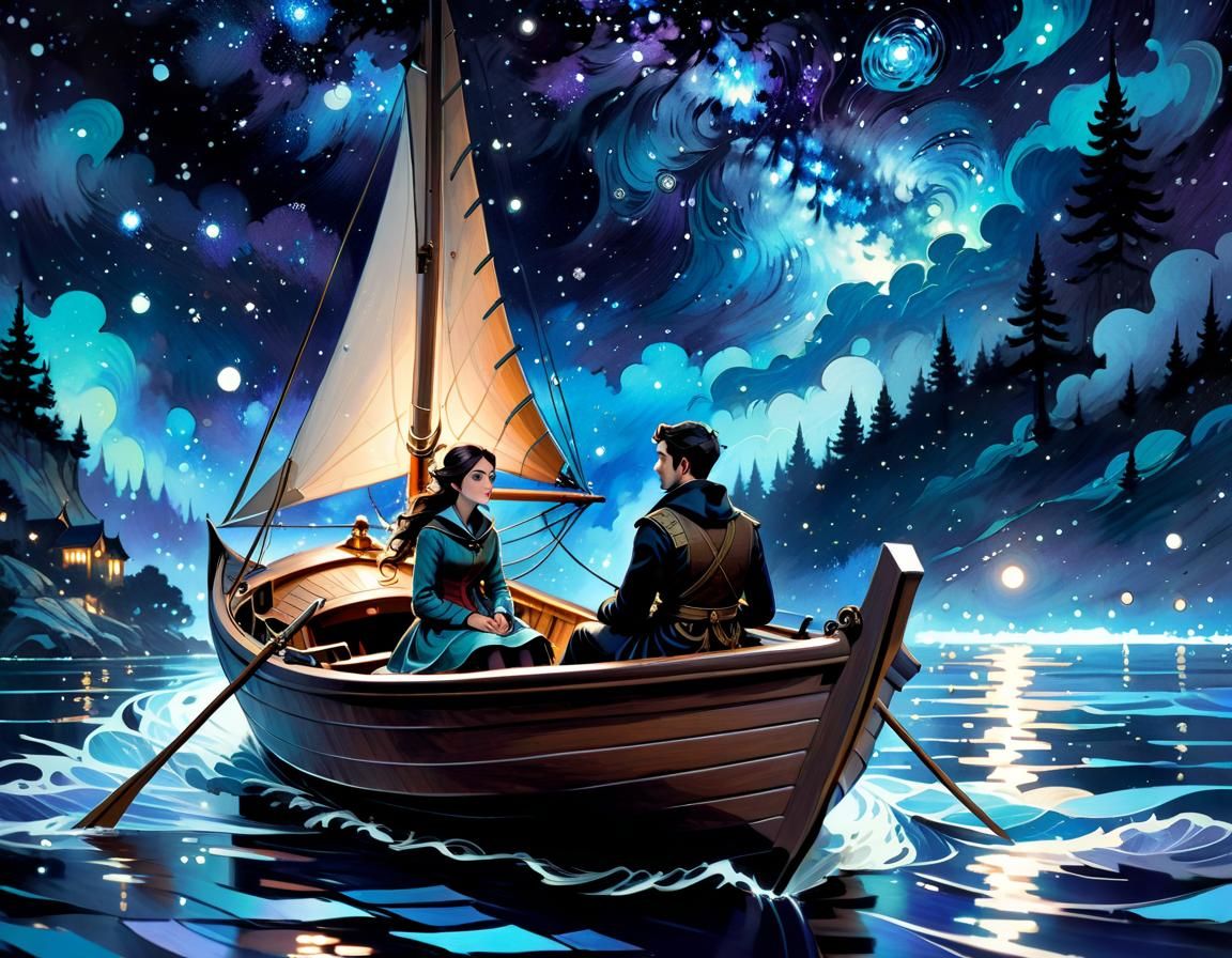 Romantic Couple on Skiff Under Galaxy Sky