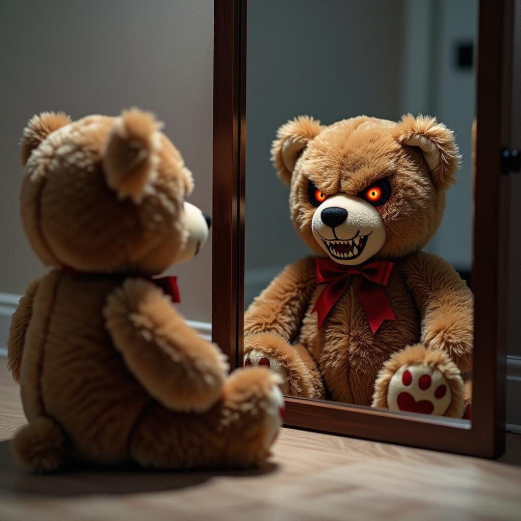 Creepy Stuffed Bear Sees Evil Reflection