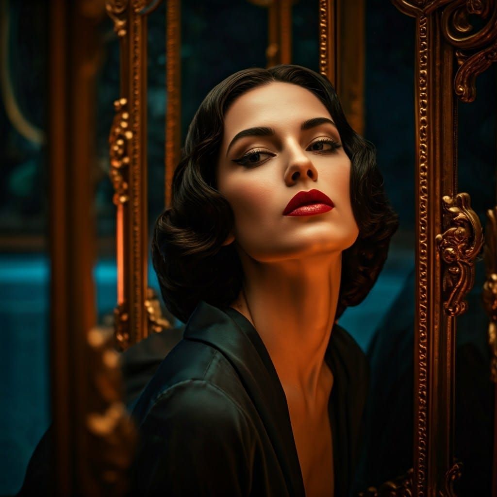 Introspective Woman Reflected in Gilded Mirrors