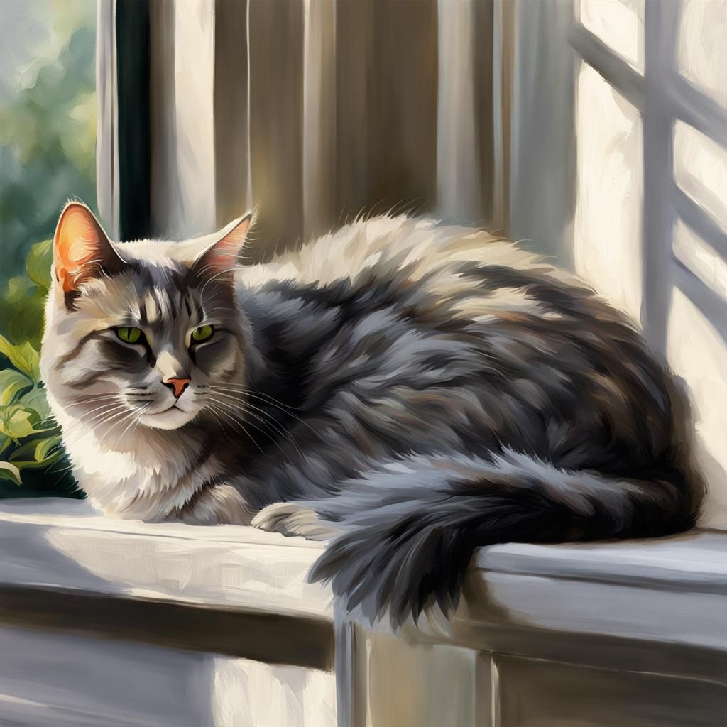 Peaceful Grey Cat in Watercolor Sunlight