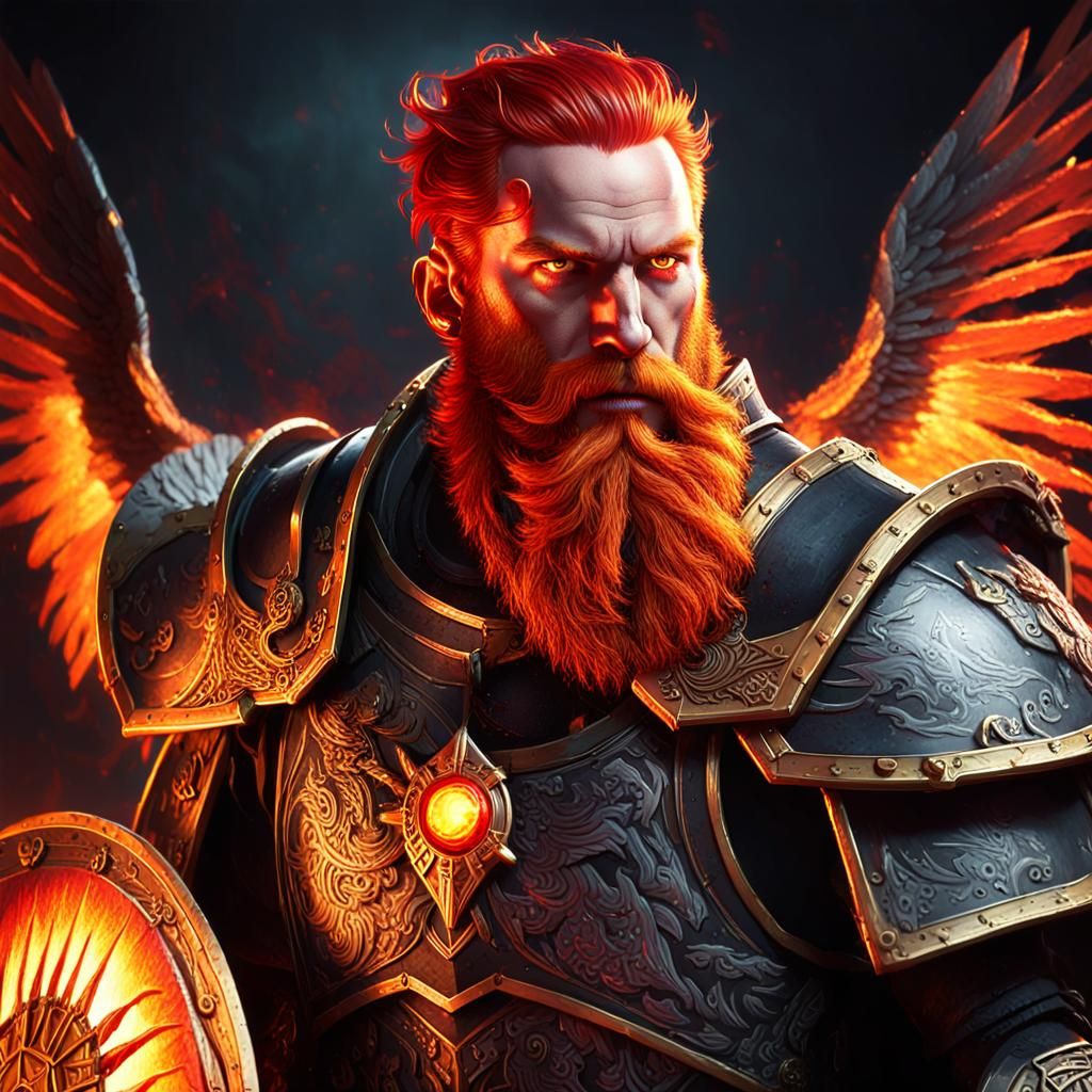 Fiery Warrior Portrait with Wings in Dramatic Lighting