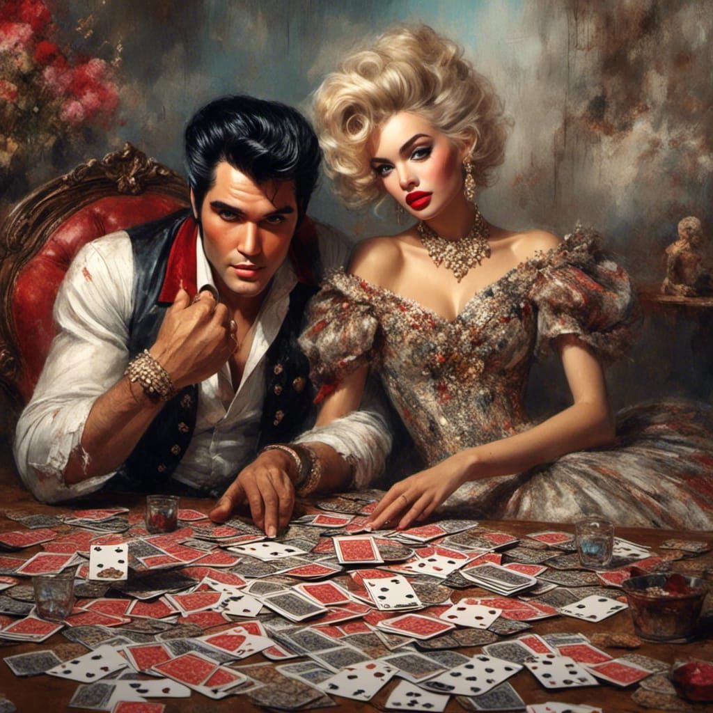 Mexican cartel playing cards with 
 Elvis and Mariyn Monroe <lora:SketchWorx:1.0>