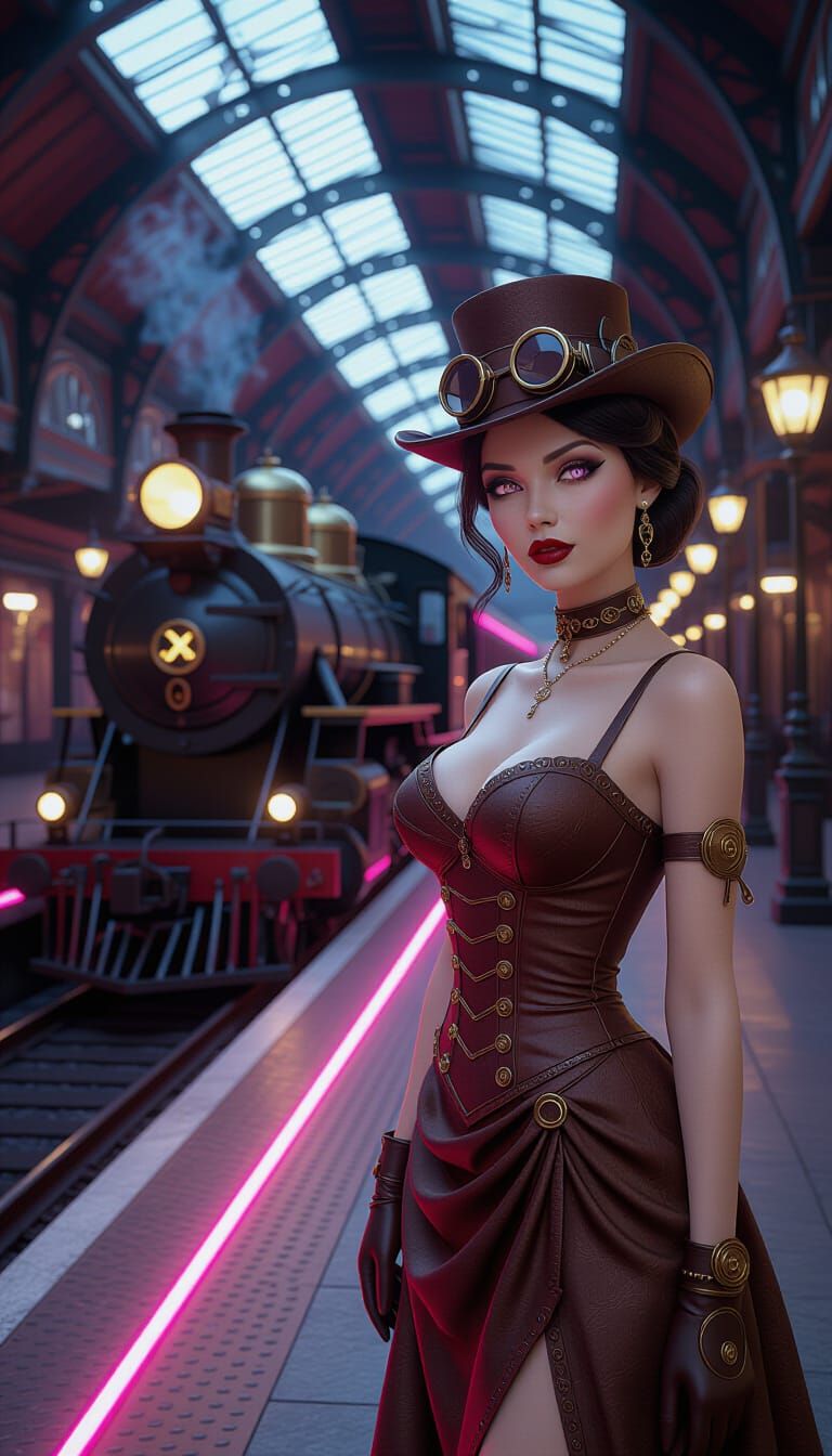 Steampunk Train Arrival in Retro-Futuristic Cityscape