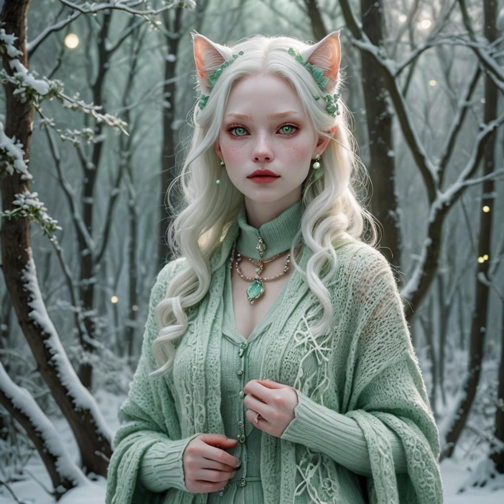 Ethereal Albino Model in Winter Forest