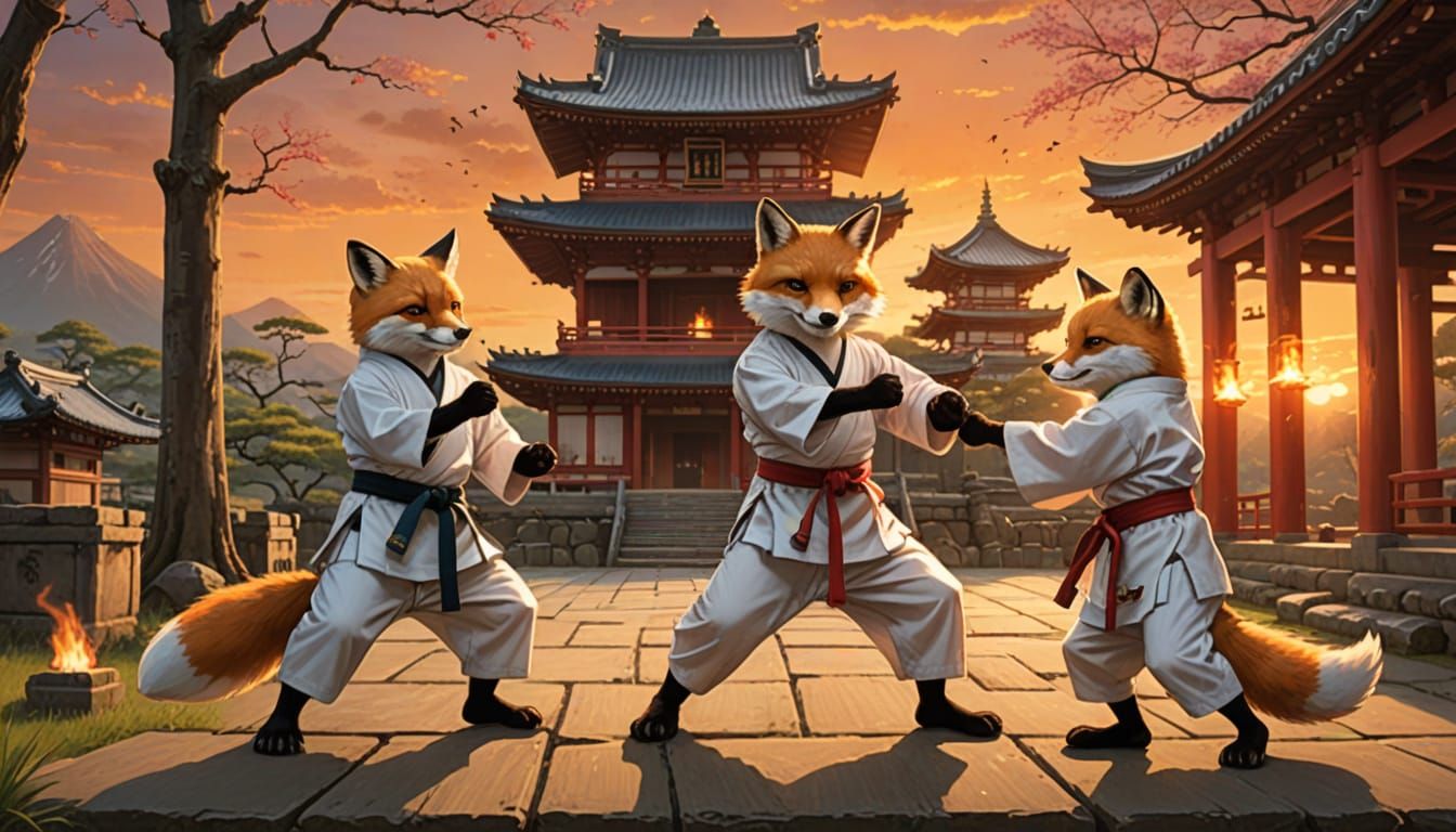 Fox Karate Lesson at Sunset in Temple Ruins