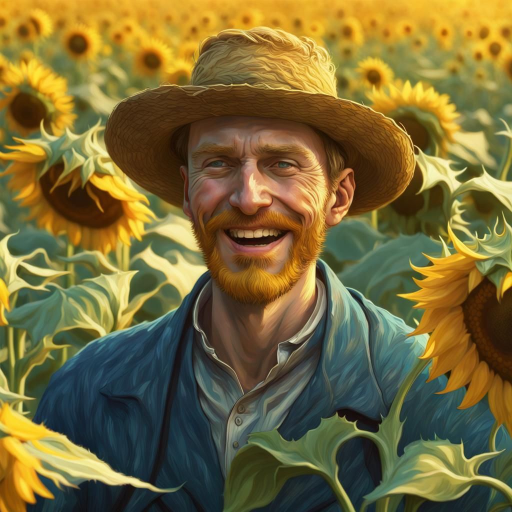 Van Gogh Laughing in Sunflower Field Portrait
