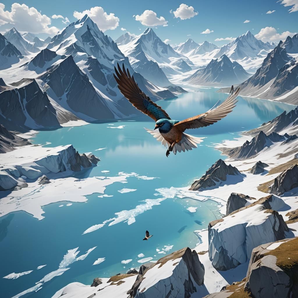 Bird Over Glacial Lake: 3D Anime Art