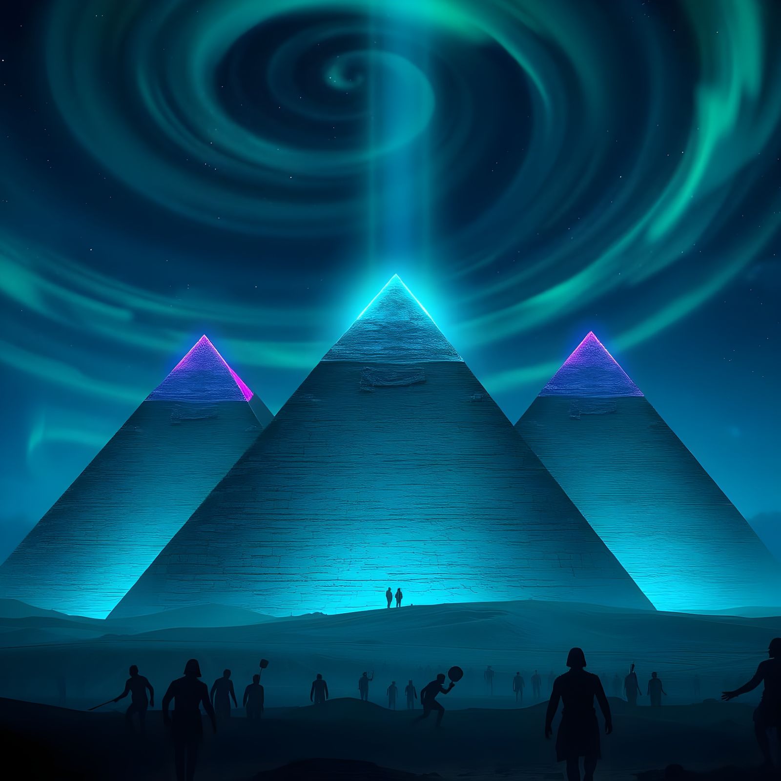 Glowing Desert Pyramids Illuminated by Neon Lights