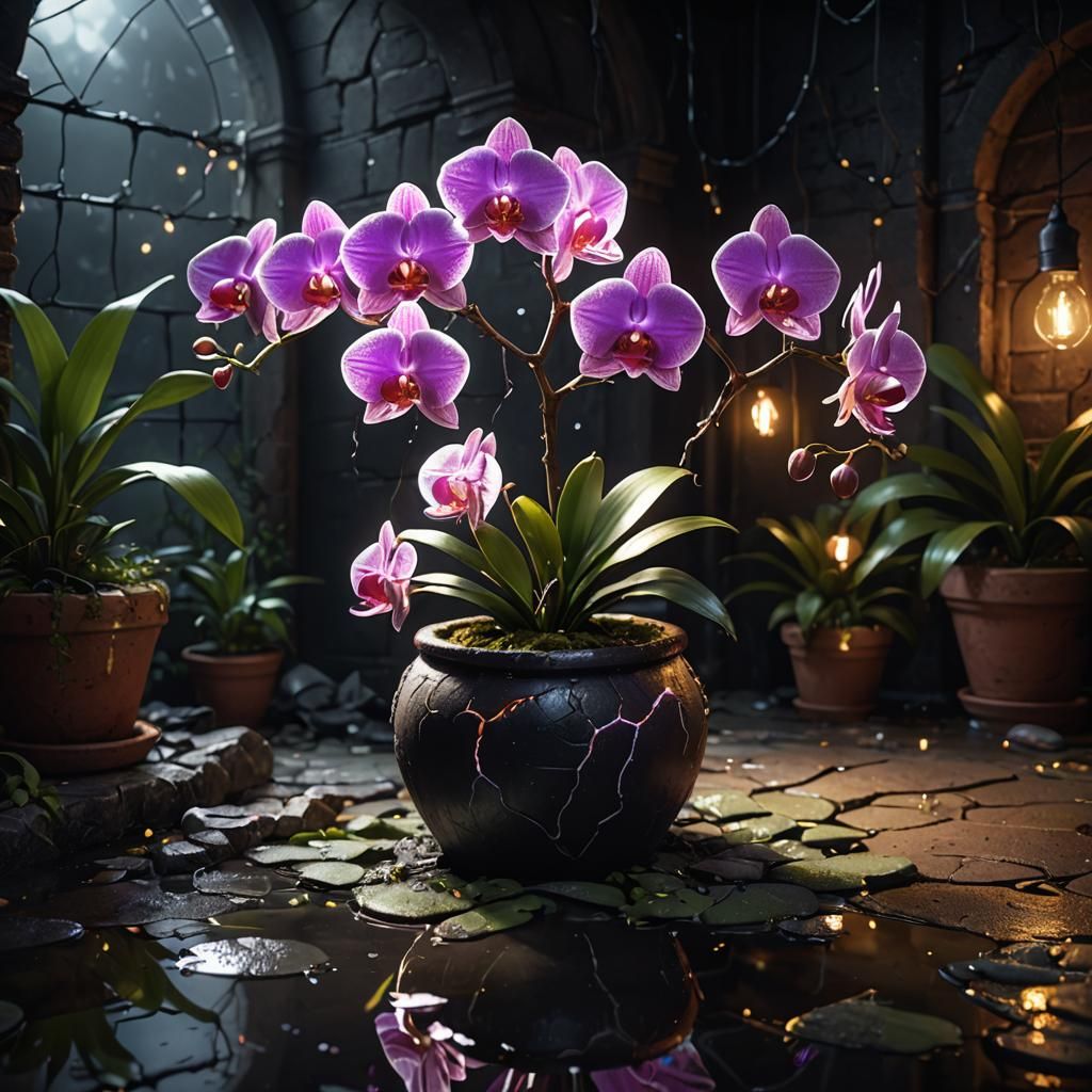 Glowing Orchid in Clay Pot: Fantastical Matte Painting