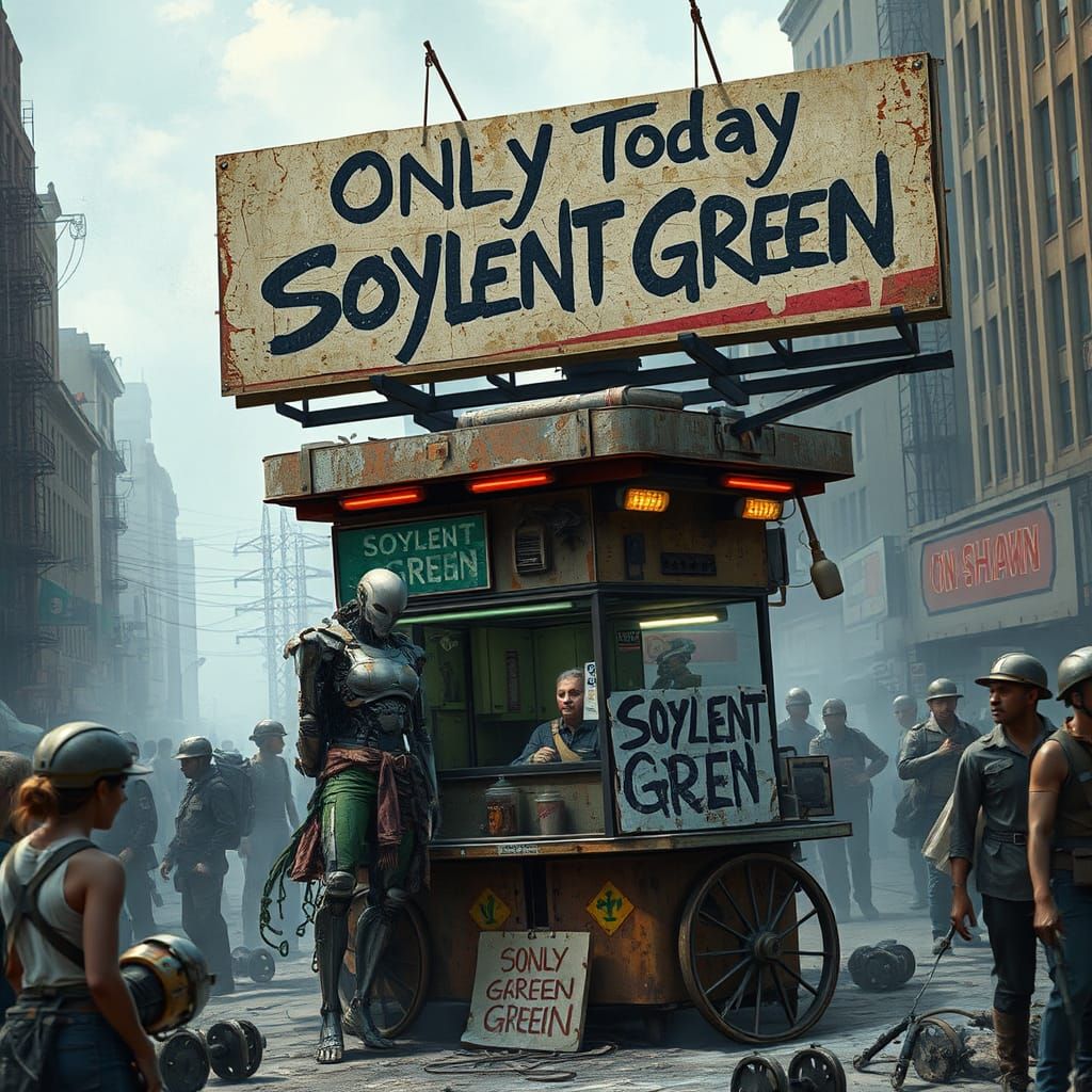 Robot Babe Street Vendor in Post-Apocalyptic City