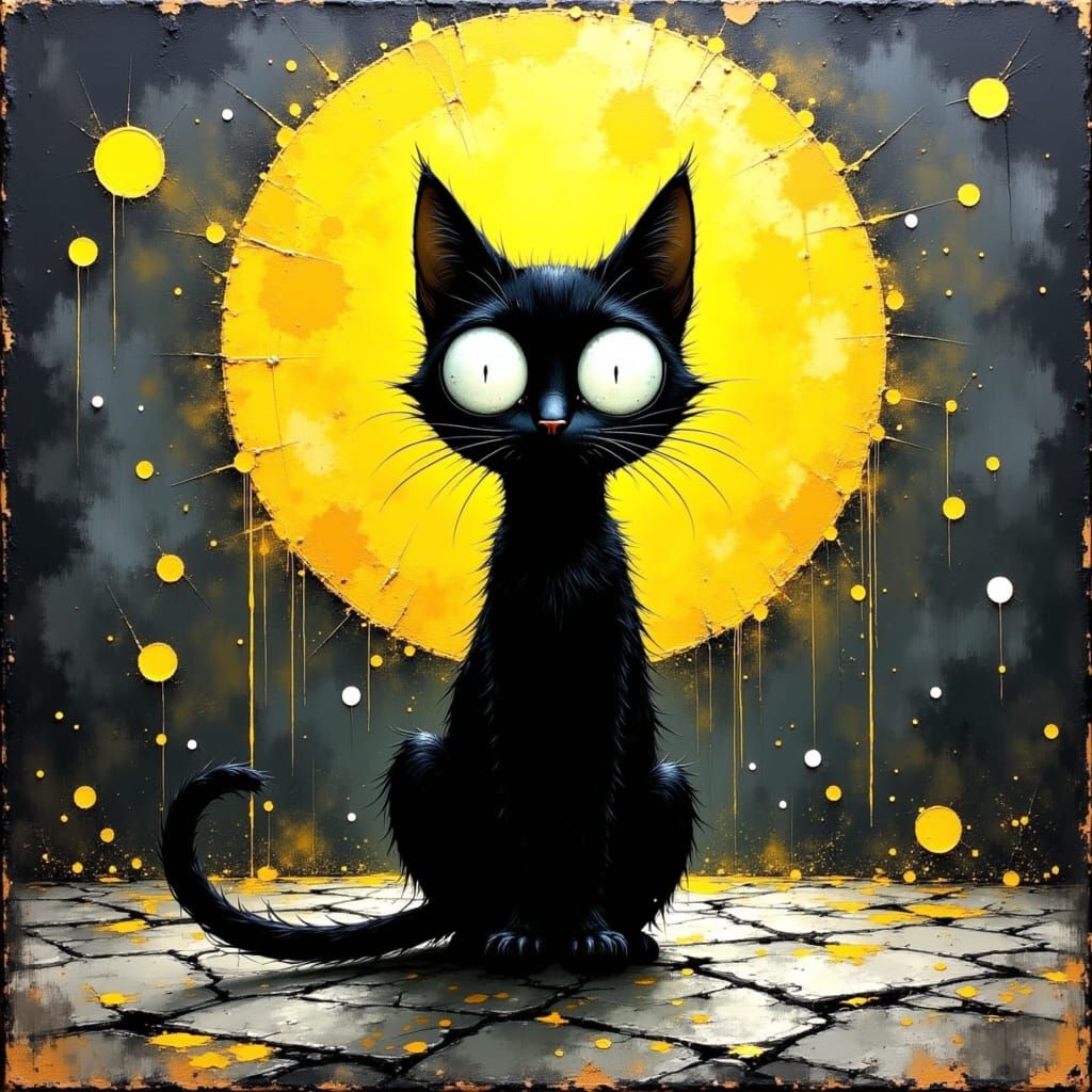 Cartoon Cat with Moon in Basquiat-Kahlo-Van Gogh Style