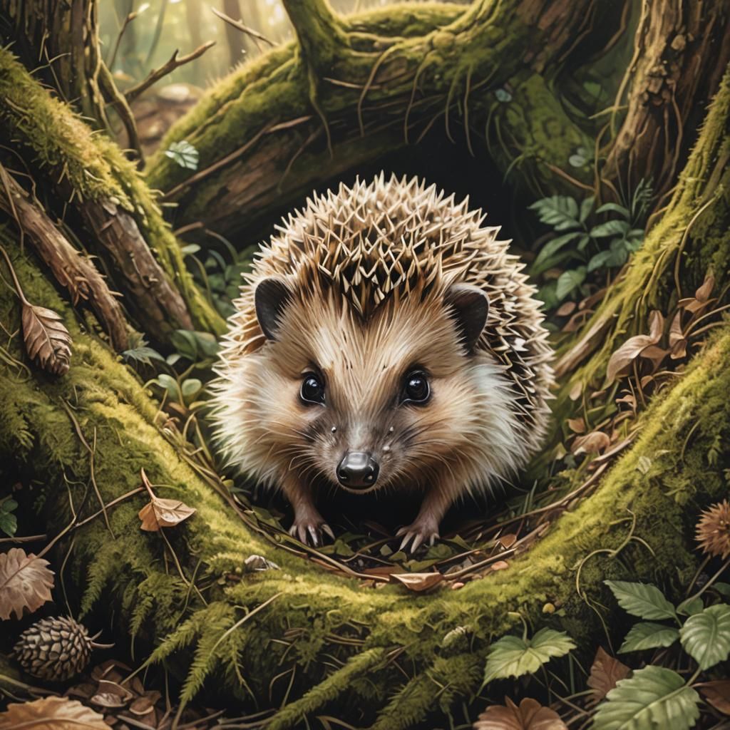 Baby Hedgehog in Forest, Whimsical Pencil Sketch