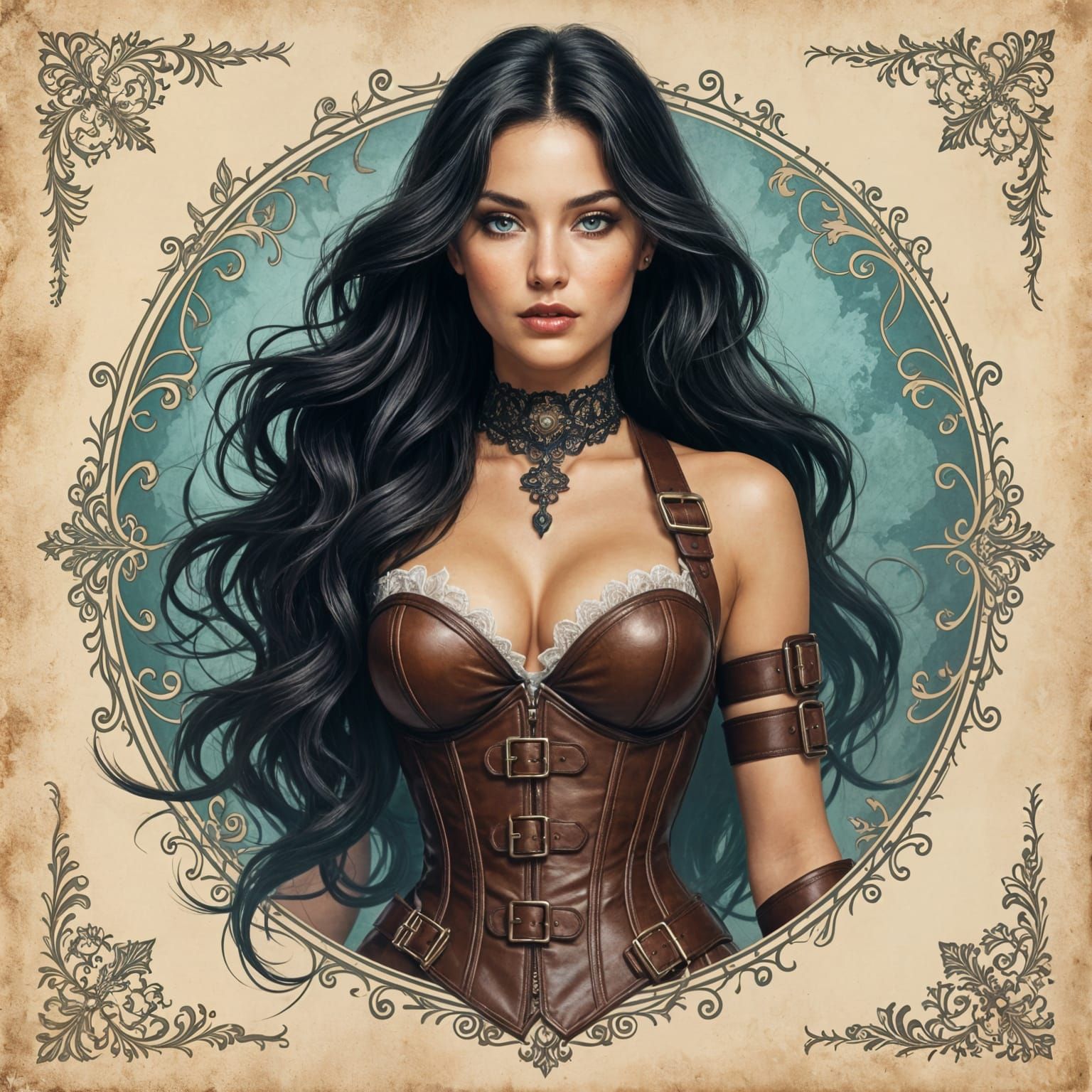 Steampunk Art Nouveau Portrait with Flowing Hair