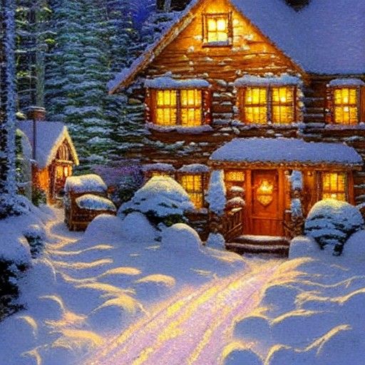 Snowy Winter Cabin with Lights in Thomas Kinkade Style