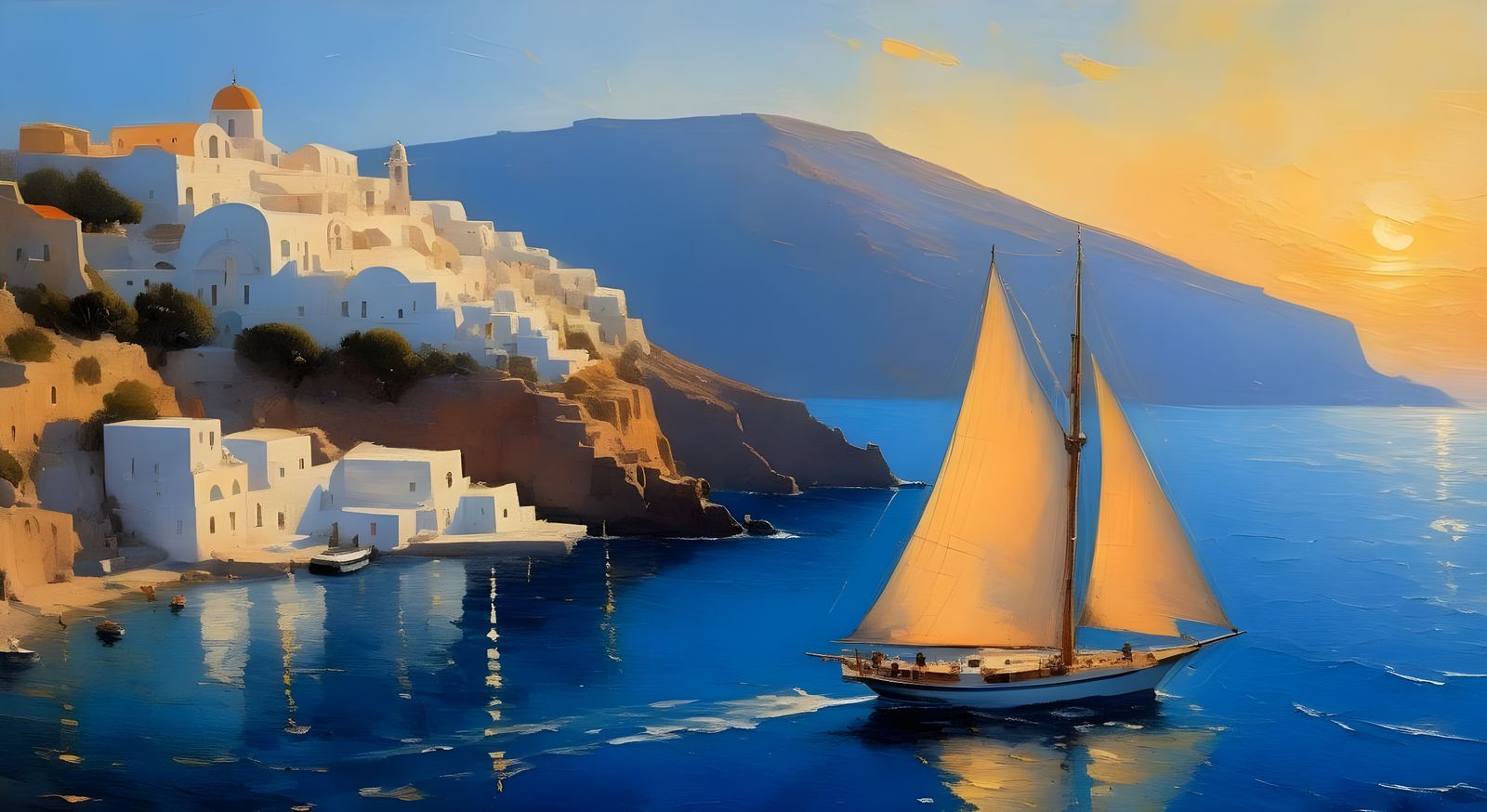 Santorini Sunset Sailing in Impressionist Style