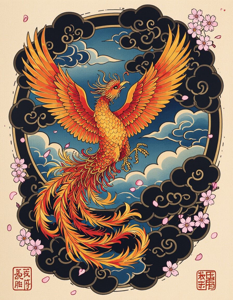 Japanese Fire Phoenix Back Tattoo Design
