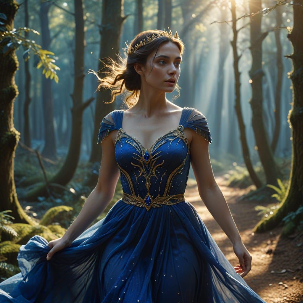 Grecian Princess Runs Through Misty Forest