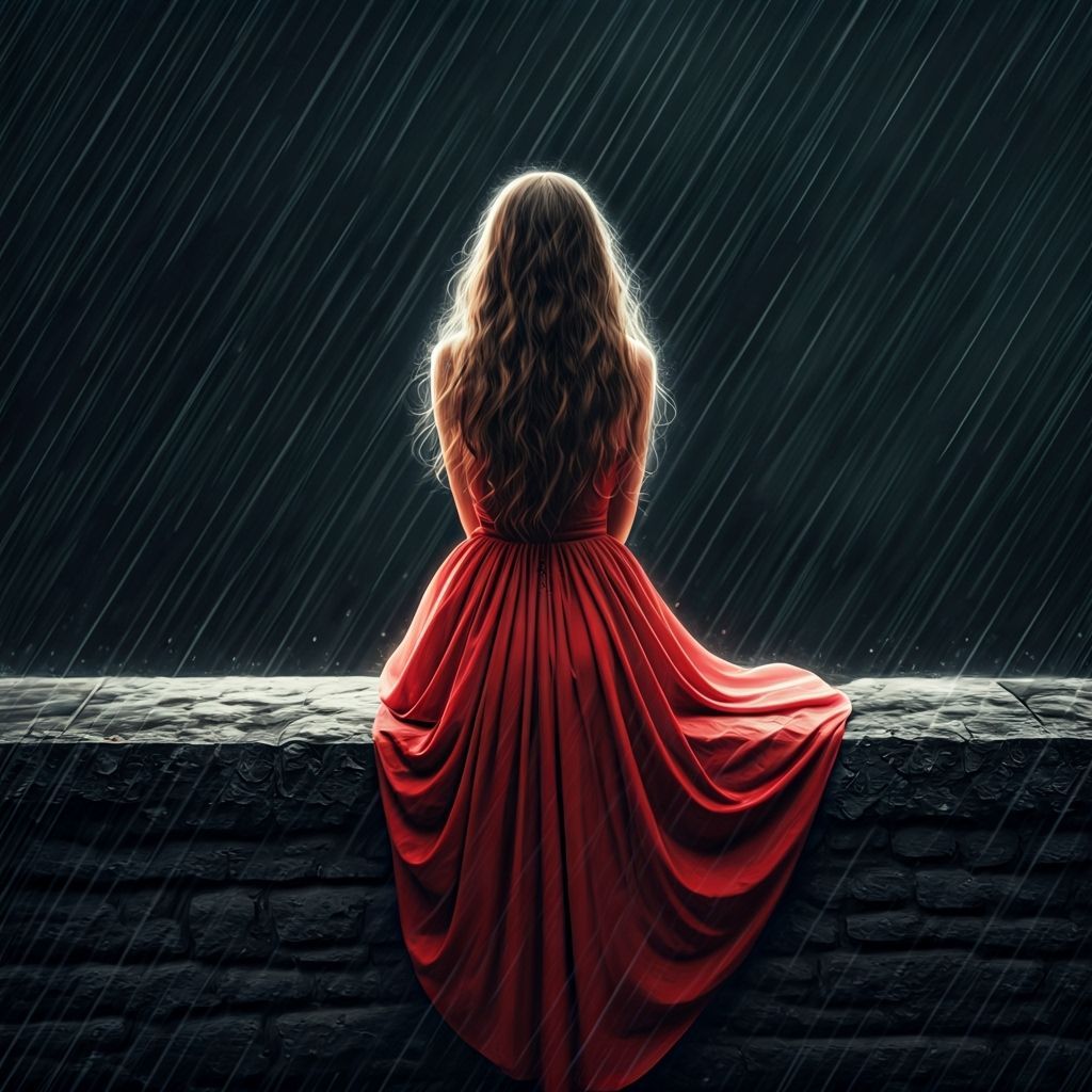 Romantic Woman in Red Dress in Rainstorm Illustration