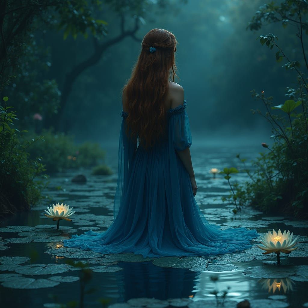 Solemn Fantasy Woman in Serene Pond at Night