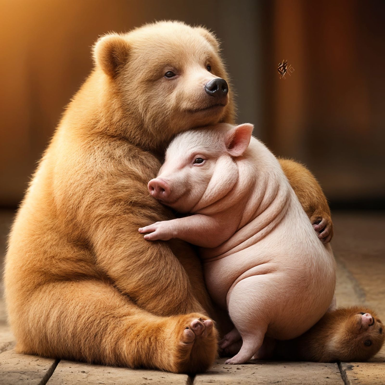 Pig Hugs Grizzly Bear in Soft Lighting
