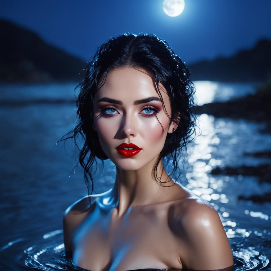 Russian Beauty Emerges from Moonlit Lake at Night