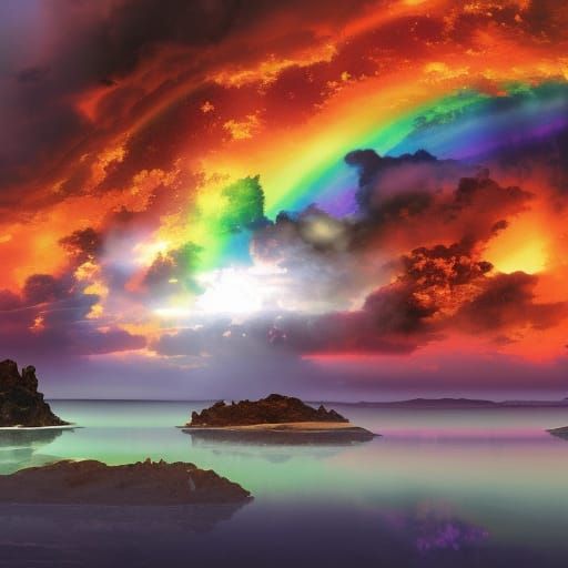 Surreal Dragon Landscape with Rainbow Sky