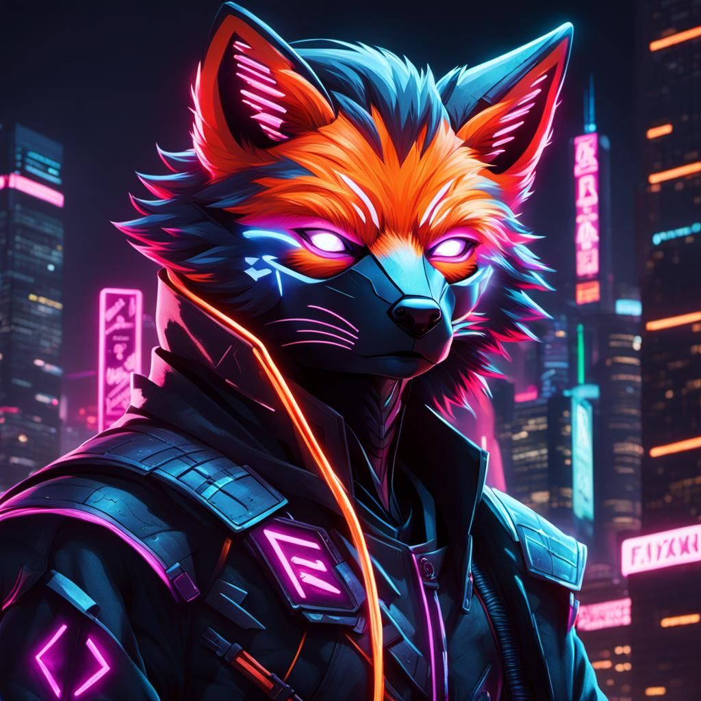 Neon Ninja Fox Leaps in Cyberpunk Style