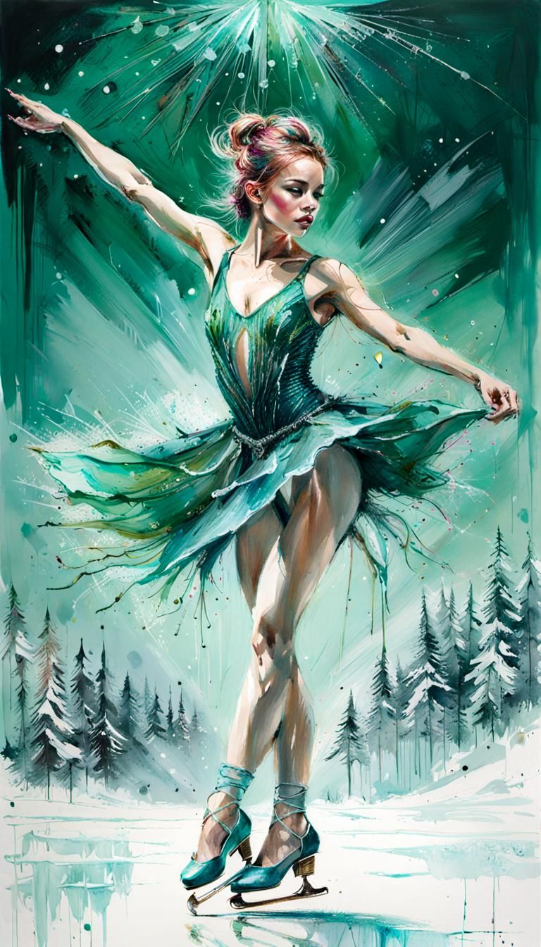 Emerald Ice Skater in Ink Wash Style