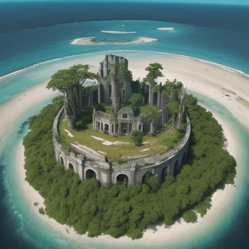 Aerial View of Island Ruins and Lush Trees